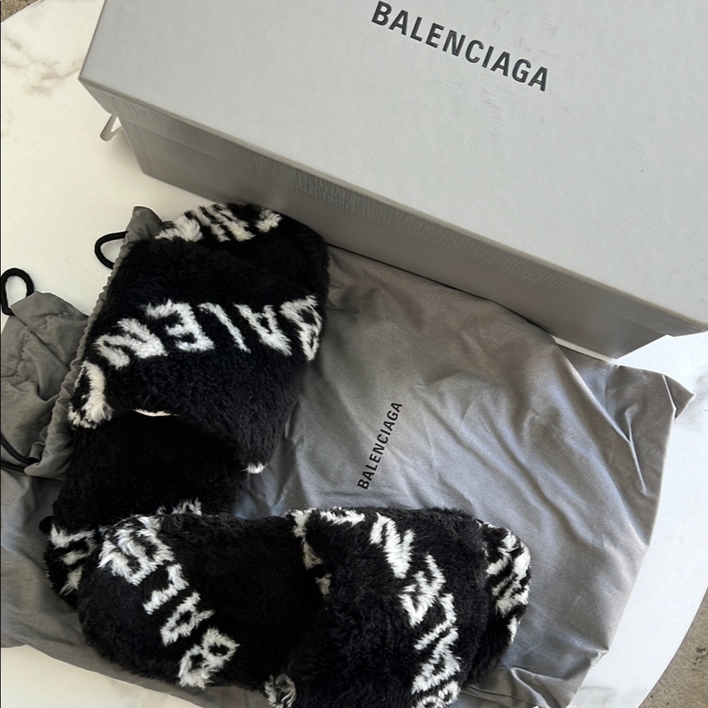 Balenciaga Black and White Furry Slippers
